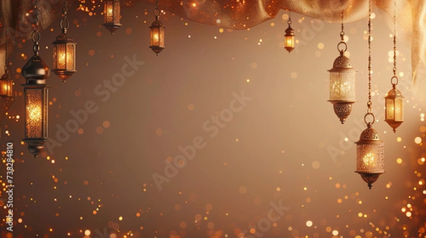 Fototapeta islamic greeting ramadan kareem and eid mubarak card design background with lanterns , lamps and lights
