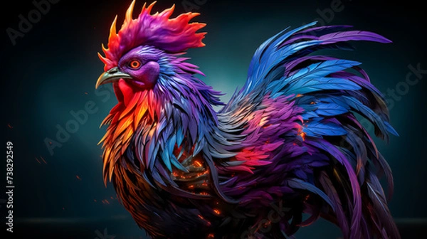 Fototapeta Colorful rooster on a dark background. 3D rendering.