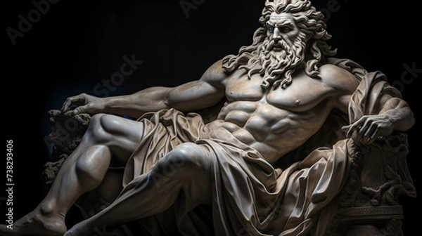 Obraz Antique marble statue of zeus sitting on a chair in a dark room. 