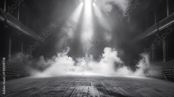 Fototapeta Empty stage with smoke and spotlights. Spotlight on stage with smoke and spotlights. 