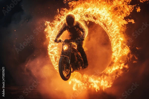 Obraz A man fearlessly rides a motorcycle through a dangerous ring of fire.