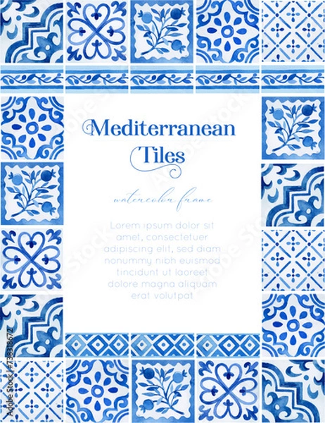 Obraz Watercolor rectangle Mediterranean frame with azulejo tiles and border tiles for invitation