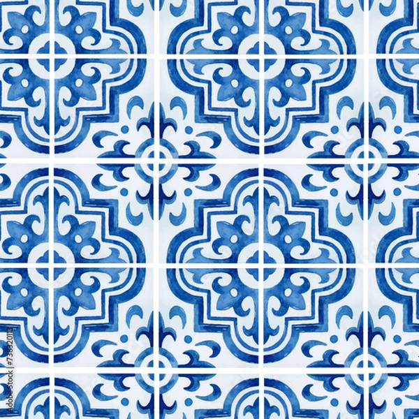 Obraz Watercolor blue tiles azulejo seamless pattern