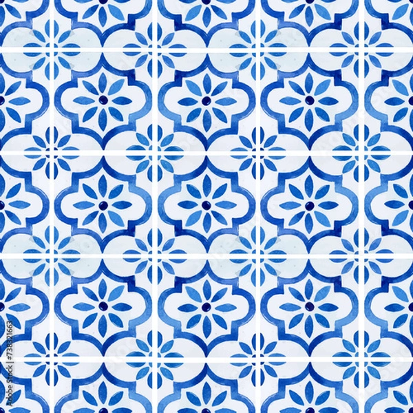 Obraz Watercolor blue azulejo tiles seamless pattern