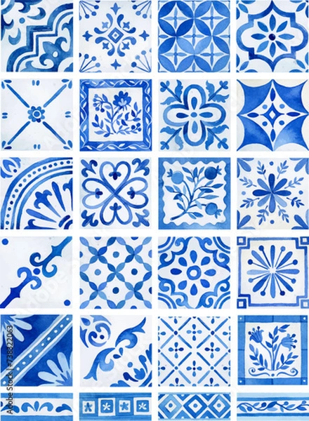 Obraz Watercolor Mediterranean tiles and borders isolated clipart set