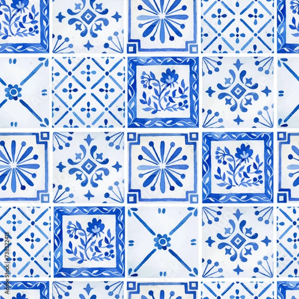Obraz Watercolor seamless pattern with floral azulejo tiles for wallpaper, wrapping paper, fabric designs