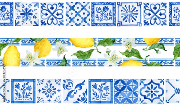 Obraz Watercolor seamless borders set with Mediterranean azulejo tiles, border tiles and ripen lemons with flowers and leaves
