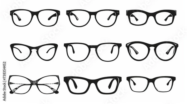 Fototapeta An assortment of isolated glasses. Vector icons representing different models of glasses, including sunglasses, on a white background. The illustrations depict silhouettes of various shapes