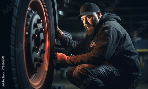 Fototapeta  Auto mechanic is repairing a car wheel. Car service station, tire installation.