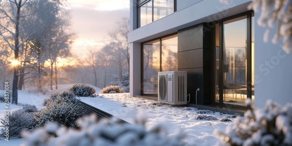 Obraz Air source heat pump installed outside, Sustainable and clean energy at home.