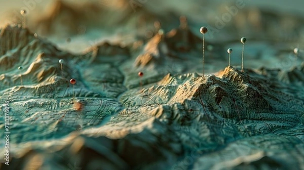 Fototapeta Pins on a geographic map mimic the curvature of mountains, marking locations with a sense of adventure, discovery, and navigation. This concept background embodies the essence of geography, mountainee