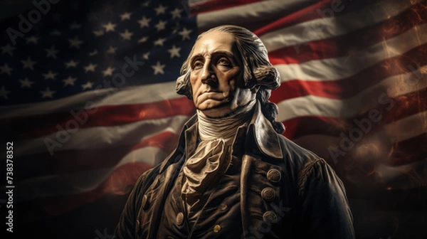 Fototapeta Statue of George Washington, american flag on the background