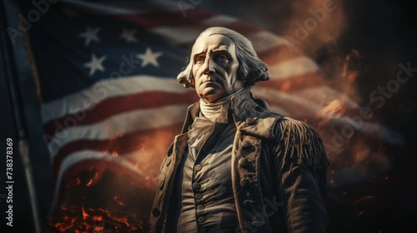 Fototapeta Statue of George Washington, american flag on the background