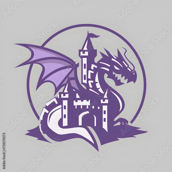Obraz A logo illustration of a dragon and a castle on gray background. Created with generative AI.