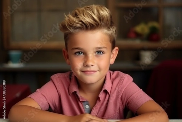 Fototapeta Portrait of a cute young boy sitting at the table at home