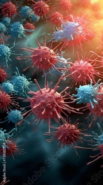 Fototapeta A 3D rendering captures red and blue germs in an immune battle on a black background, illustrating the unseen, vibrant clash within the body's defenses.