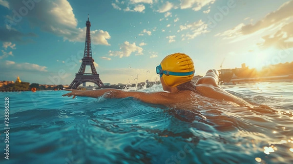 Obraz Olympic swimmer with the Eiffel Tower at the Paris 2024 Olympic Games representing the sport of swimming