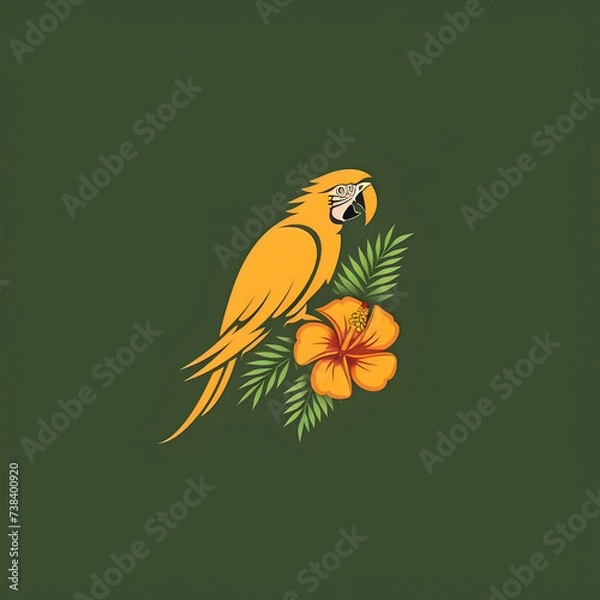 Obraz A logo illustration of a yellow parrot with tropical flowers on green background. Created with generative AI.