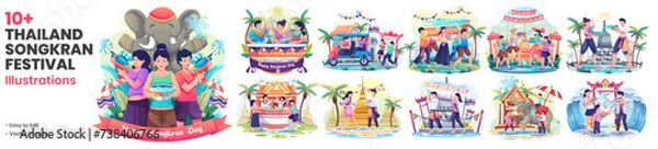 Obraz Set of Songkran Festival Illustrations With People Celebrate Thailand’s Traditional New Year’s Day by Splashing Water on Each Other. Vector Illustration