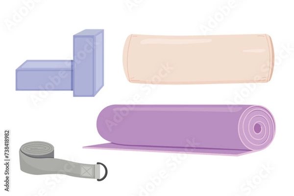 Fototapeta Yoga equipment set, including mat, blocks, strap and bolster. Yoga props and accessories, flat vector illustrations, isolated on white background. 