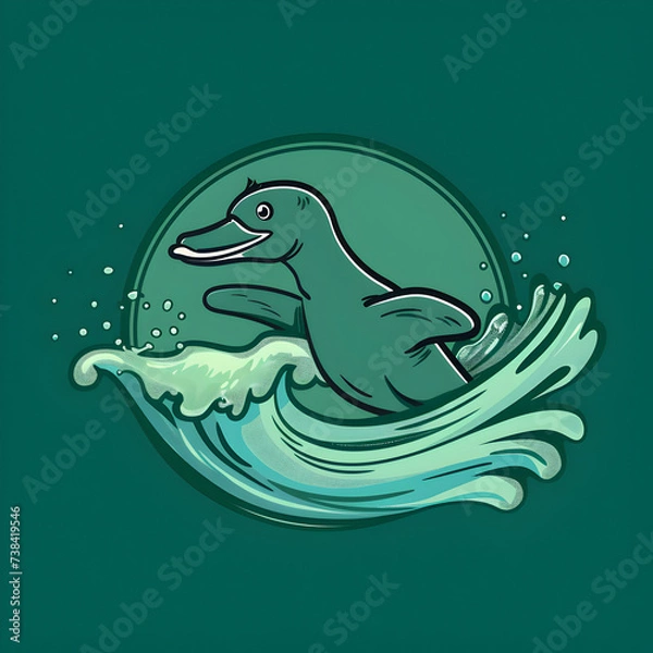 Obraz A logo illustration of a surfing platypus on green background. Created with generative AI.