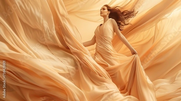 Fototapeta Fashion model in beautiful luxury beige flowing chiffon dress Woman in long flying evening dress with a gown Stunning fantasy model Silk fabric waving on wind Satin Cloth Flowing Waves : Generative AI