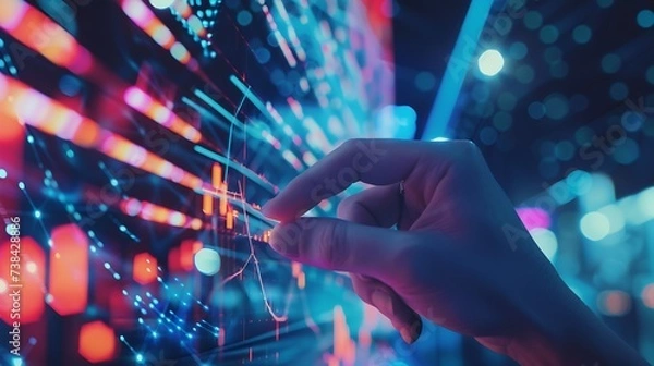 Fototapeta Businessman pointing arrow graph growth and financial network connection, analysing data to increase sales and revenue profit to achieve business investment goal in global economic sit : Generative AI