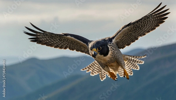 Fototapeta Zoom in to reveal the intense gaze of a peregrine falcon mid flight, its streamlined form slicing through the air with unparalleled precision
