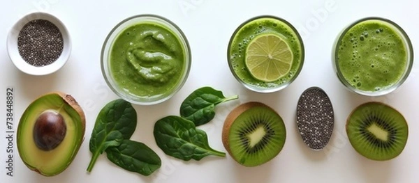 Fototapeta Spinach and kale green smoothie with kiwi, lime, and chia seeds.