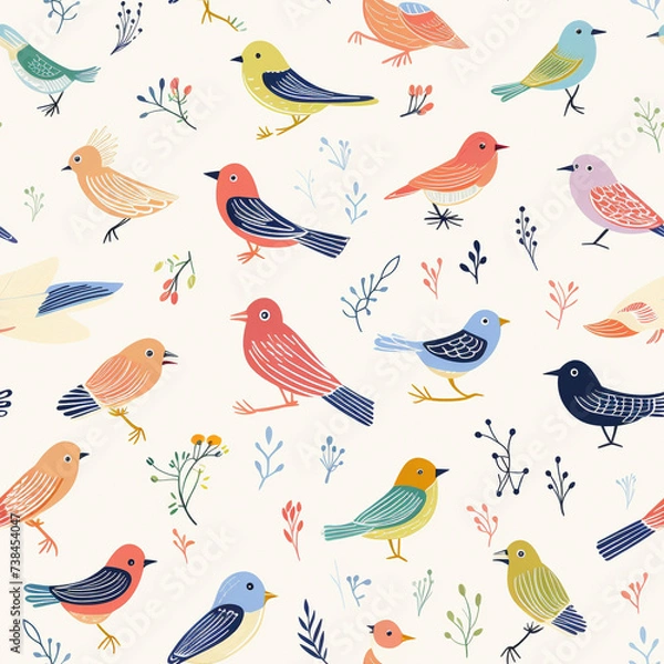 Fototapeta Hand drawn seamless pattern of line art bird icons