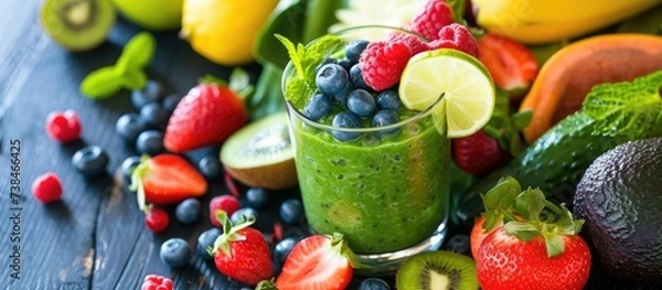 Fototapeta Green diet, detox, and healthy breakfast with fruits and vegetables made in a blender by a nutritionist for a young person focused on vegan protein.