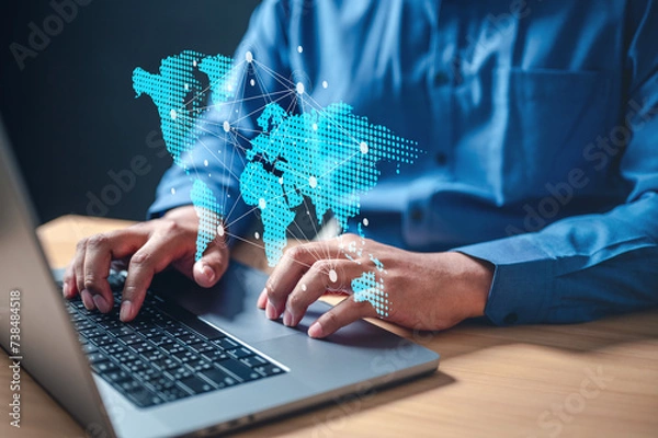 Fototapeta network, communication, connection, digital, cyberspace, connect, innovation, tech, global, cloud. communication technology with global internet network connected. telecommunication and data transfer.