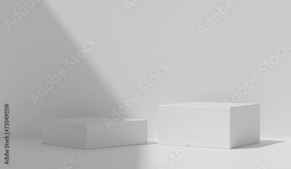 Fototapeta pedestal composition with shadow on wall. podium used for presentation business, studio background products display scene with sunlight. stand to show cosmetic products. backdrop, mockup. 3d render