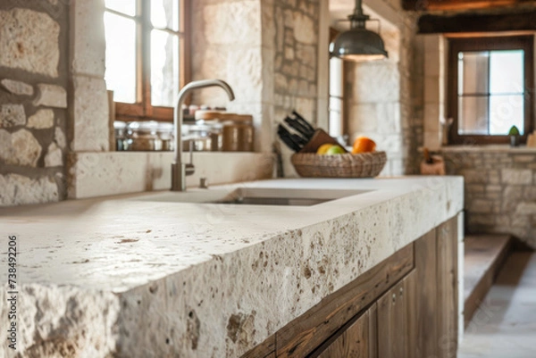 Obraz A country style kitchen with rustic and white stone countertop, leaving copy space by focusing on foreground.