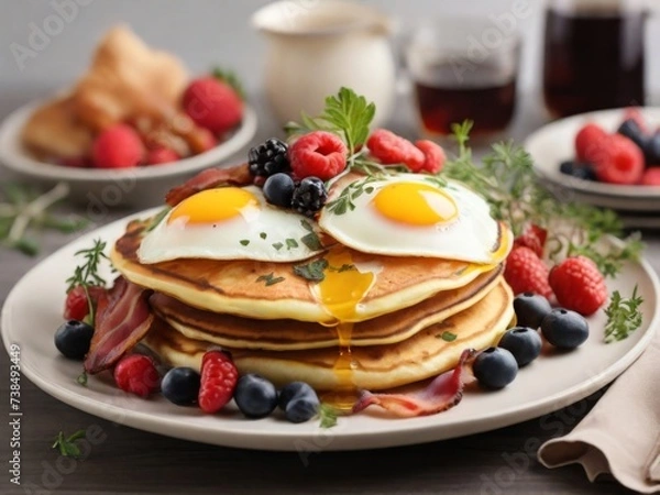 Fototapeta Full American breakfast with bacon, hash browns, eggs and pancakes on a plate
