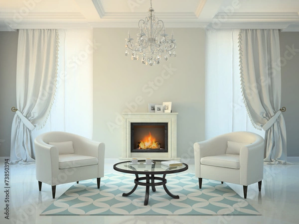 Fototapeta Classic style room with fireplace and armchairs 3D rendering