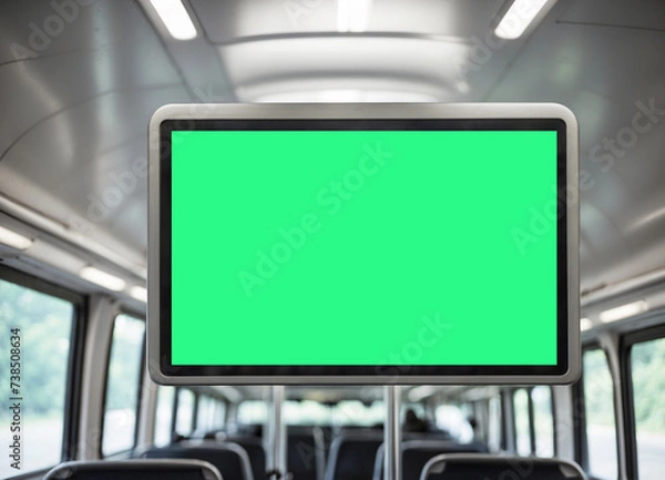 Fototapeta information board in the bus cabin. selective focus. advertising in public transport. screen on the bus, a place for advertising.