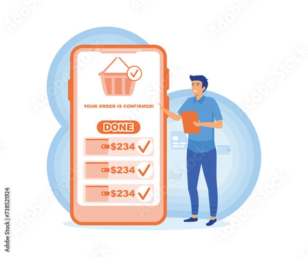 Fototapeta  Order concept confirmed. Happy young man gets Confirmation of online order on smart phone. flat vector modern illustration 