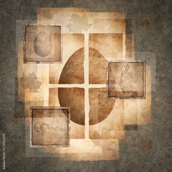 Fototapeta Bird egg rendered on old parchment surrounded by antique photographs of egg, skull and wing details against a background of multi-layered textures, scraps and fragments.