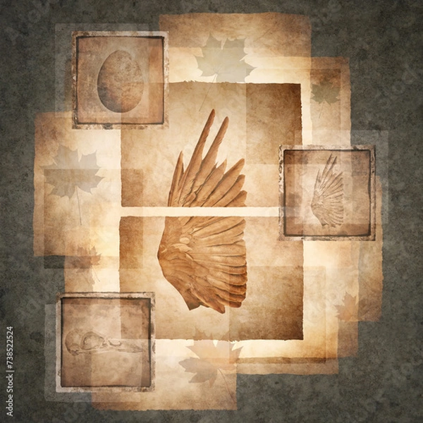 Fototapeta Bird wing rendered on old parchment surrounded by antique photographs of egg, skull and wing details against a background of multi-layered textures, scraps and fragments.