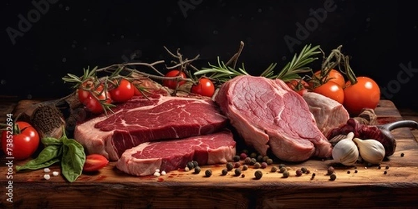 Fototapeta Slices of beef on a fresh red table, processed grilled meat and so there is empty space for text, greetings, wallpaper, posters, advertisements, etc.