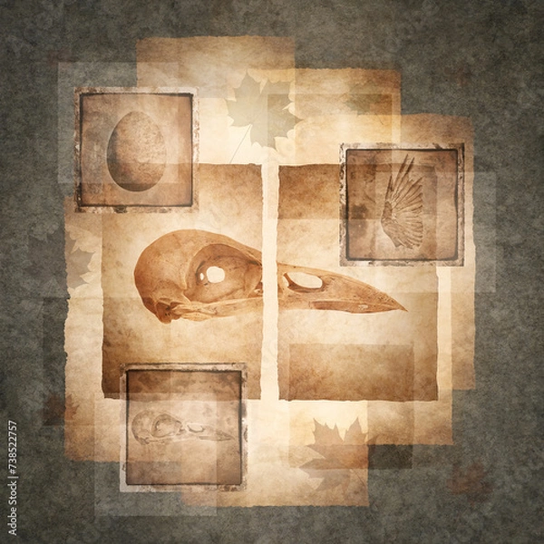 Fototapeta Bird skull rendered on old parchment surrounded by antique photographs of egg, skull and wing details against a background of multi-layered textures, scraps and fragments.