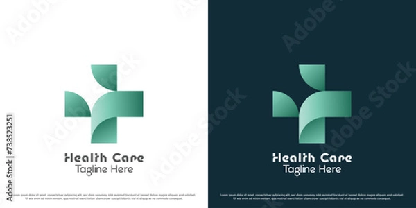 Fototapeta Plus health logo design illustration. Cross shape plus health medical fitness doctor sick patient nurse hospital clinic medicine. Science green geometric abstract simple gradient modern icon.