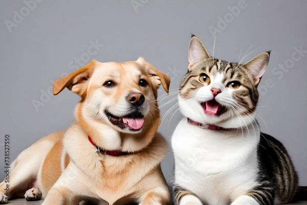 Fototapeta A dog and a cat smiling affectionately. Generative AI