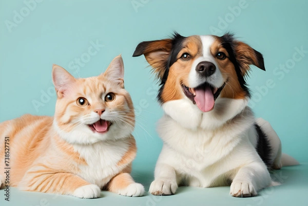Obraz A dog and a cat smiling affectionately. Generative AI