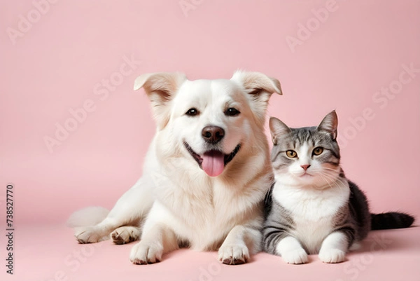 Obraz A dog and a cat smiling affectionately. Generative AI