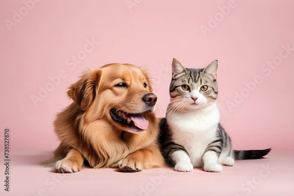 Obraz A dog and a cat smiling affectionately. Generative AI