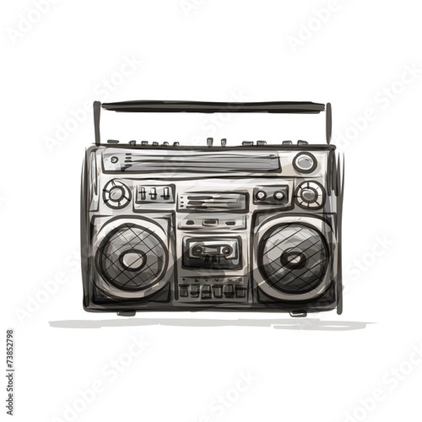 Fototapeta Retro cassette recorder, sketch for your design
