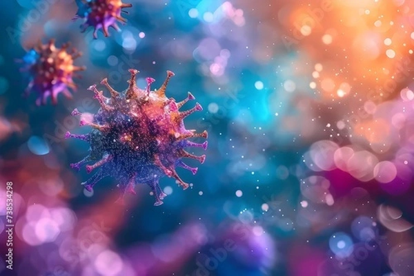 Fototapeta Artistic stock photo of vibrant virus particles under a microscope, blending scientific accuracy with abstract art.