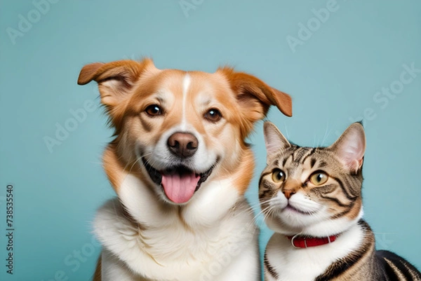 Obraz A dog and a cat smiling affectionately. Generative AI